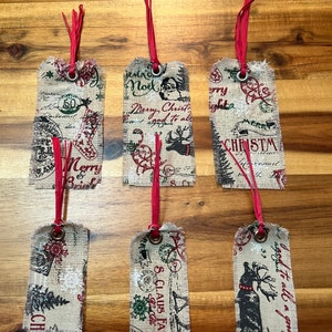 Six Christmas Fabric Tags - Christmas Theme Frayed Fabric Tags - Junk Journal Scrapbook Diary Fabric Hang Tags - Christmas Package Gift Tag