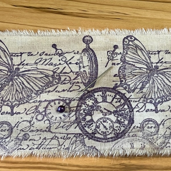 Butterflies - Vintage Inspired Hand-Stamped Tea Dyed and Frayed Muslin Trim Around A Charming Wooden Clothespin - Junk Journal Craft Trim