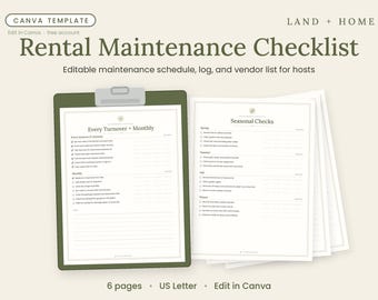 Editable Rental Maintenance Checklist, Airbnb Host Schedule, Vendor Log (Canva Template)