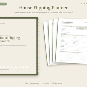 Può includere: Un raccoglitore stampabile House Flipping Planner con accenti verde oliva. La copertina presenta il testo House Flipping Planner e Land + Home. Sono visibili diverse pagine interne, incluso un foglio di lavoro Max offer.