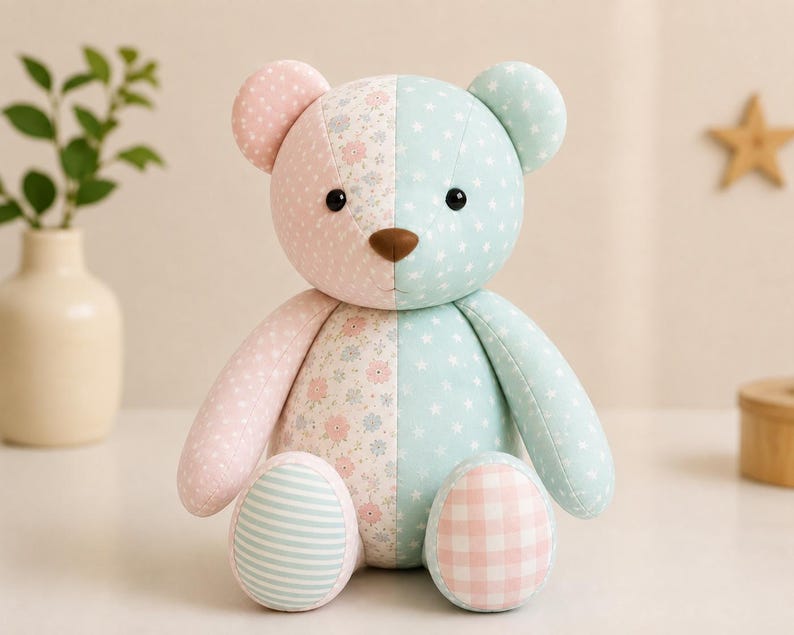 Puede incluir: Un oso de peluche con un dise&ntilde;o bicolor. El lado izquierdo es rosa claro con patrones florales y de lunares, mientras que el lado derecho es azul claro con un patr&oacute;n de estrellas blancas. Tiene ojos de bot&oacute;n negros y una nariz marr&oacute;n.