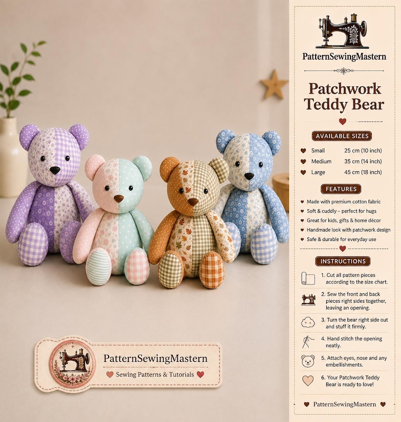 Puede incluir: Cuatro osos de peluche de patchwork en tonos morado, rosa-verde, naranja-marr&oacute;n y azul. Cada oso presenta un dise&ntilde;o de patr&oacute;n dividido con telas florales y de cuadros. Un panel lateral muestra el texto Patchwork Teddy Bear con tama&ntilde;os de 25 cm, 35 cm y 45 cm e instrucciones de costura.