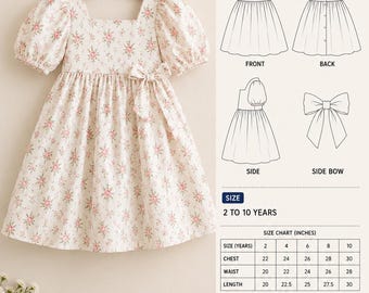 Patrón de costura en PDF para vestido de niña con mangas abullonadas, patrón de vestido vintage floral con cuello cuadrado para niña pequeña, patrón digital para vestido infantil de 2 a 10 años.