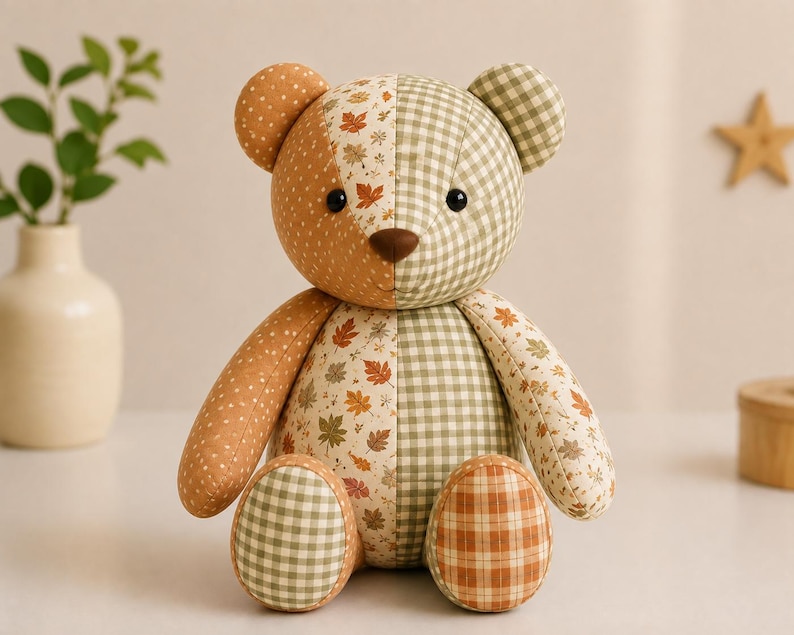Puede incluir: Un oso de peluche hecho de paneles de tela de patchwork. El oso presenta un dise&ntilde;o dividido con un lado en patrones de puntos y cuadros naranjas, y el otro en cuadros vichy verdes. El panel central muestra un estampado de hojas de oto&ntilde;o.