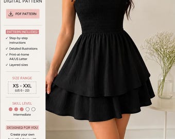 Patrón de costura en PDF para minivestido con tirantes | Vestido de verano con volantes | Patrón de costura para vestido con corpiño fruncido para mujer | Vestido de verano fácil en PDF