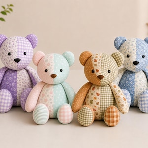 May include: Four plush teddy bears made of patchwork fabric. Each bear features a split design with different patterns including floral, gingham, and polka dots. The bears are coloured in purple, pink and mint, orange and green, and blue and light blue.
