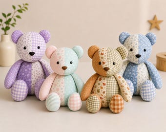 Patrón de costura PDF de oso de peluche con diseño de patchwork, patrón de oso de peluche en PDF (3 tamaños), descarga digital del patrón de oso de peluche, patrón de peluche fácil para principiantes.