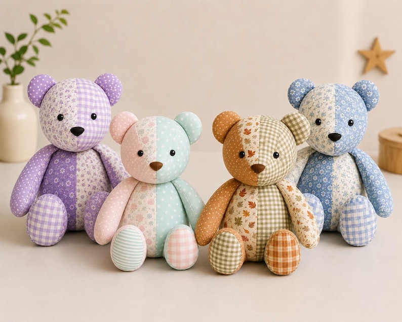 Puede incluir: Cuatro osos de peluche hechos de tela de retazos. Cada oso presenta un dise&ntilde;o dividido con diferentes patrones que incluyen flores, cuadros vichy y lunares. Los osos est&aacute;n coloreados en morado, rosa y menta, naranja y verde, y azul y azul claro.