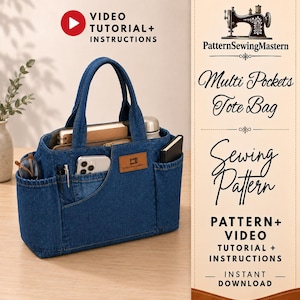 Könnte beinhalten: Eine blaue Jeans-Tragetasche mit mehreren Außen- und Innentaschen und einem braunen Etikett in Lederoptik mit einem Nähmaschinen-Symbol. Der Text lautet: Video Tutorial + Instructions, PatternSewingMastern, Multi Pockets Tote Bag, Sewing Pattern.