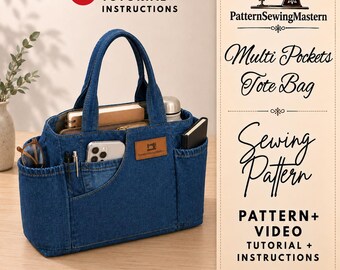 Patrón de costura en PDF para bolso tote con múltiples bolsillos, patrón de bolso de mezclilla con videotutorial, patrón de bolso de descarga digital, bolso DIY para principiantes