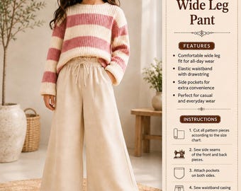 Patrón de costura para pantalones anchos para niños, patrón PDF para pantalones con cintura elástica para niñas (6 meses - 14 años), patrón fácil para principiantes para pantalones de niños pequeños
