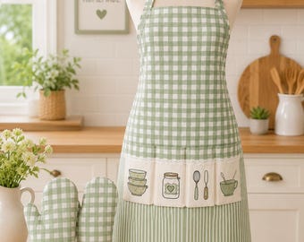 Patrón de costura en PDF para delantal estilo cottagecore, delantal hecho a mano con bolsillos y manoplas de cocina a juego, tutorial completo y patrón de corte para principiantes.
