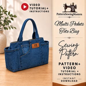 Könnte beinhalten: Eine blaue Tragetasche aus Jeansstoff mit mehreren Außentaschen und zwei Henkeln. Ein braunes rechteckiges Etikett mit einem Nähmaschinen-Symbol ist vorne angebracht. Der Text lautet: PatternSewingMastern Multi Pockets Tote Bag Sewing Pattern.