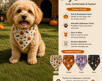 Molde para bandana de Halloween para cachorro, lenço elástico para animais de estimação, PDF digital para costura, molde para cortar bandana elástica para cachorro, acessórios para animais de estimação DIY