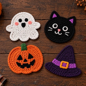 No-Sew Halloween Crochet Coaster Pattern Bundle Ghost, Hat, Cat and Pumpkin Crochet Pattern Digital DownloadPdf Coffee Table Halloween Decor