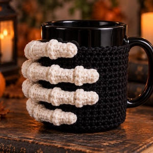 May include: A black ceramic mug featuring a crocheted cozy that wraps around the exterior. The cozy is black with a three-dimensional, off-white crocheted skeleton hand attached to the front, with fingers extending horizontally across the mug.