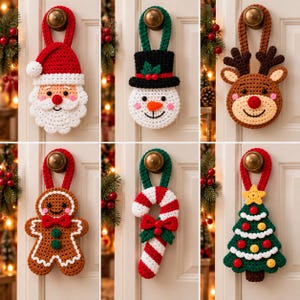May include: A set of six crocheted Christmas door hangers featuring a Santa Claus, a snowman with a top hat, a reindeer, a gingerbread person, a candy cane with a bow, and a decorated Christmas tree, each with a loop for hanging on a door knob.