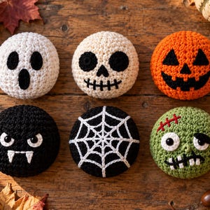 May include: Six round crochet ornaments featuring Halloween designs: a white ghost, a beige skull, an orange jack-o'-lantern, a black vampire with white fangs, a black spiderweb, and a green monster with stitches and mismatched eyes.