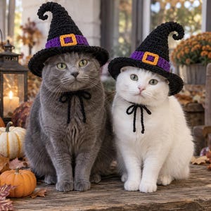 Puede incluir: Dos gatos con sombreros de bruja a juego tejidos en ganchillo negro con bandas moradas y hebillas cuadradas naranjas. Cada sombrero tiene una punta ligeramente curvada y un cordón negro que se ata debajo de la barbilla.
