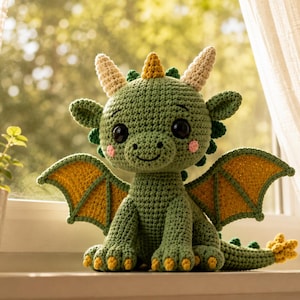 May include: A green crocheted dragon plush toy with large black eyes, pink cheeks, and yellow-accented wings. The creature features small horns on its head, a textured body, and a long tail with yellow spikes, crafted with visible yarn stitches.