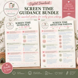 May include: A digital download bundle featuring two posters titled Screen Time Guidance and Screen Time Advice for Parents. The documents include text, icons, and pink and green accents, designed for early years settings and printable at home.