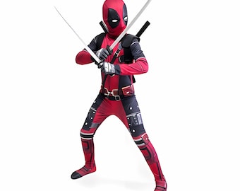 Deadpool cosplaykostuum voor kinderen, superheldenpak voor jongens met dubbele zwaarden als accessoires, 3D-geprinte jumpsuit voor Halloweenfeestjes en cosplay.