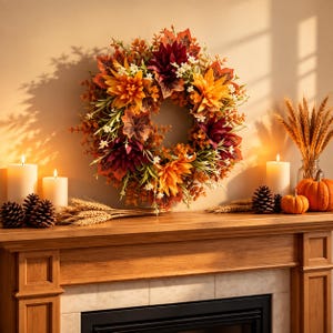 Peut inclure: Une couronne circulaire composée d'un mélange de feuillage artificiel d'automne, incluant des fleurs de dahlia orange et rouge foncé, des feuilles en forme d'érable, de petites fleurs blanches et des brins verts, disposés en couches denses.