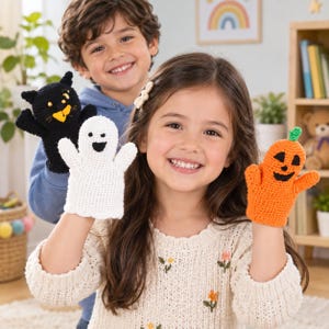 May include: Three crochet finger puppets featuring a black cat with yellow accents, a white ghost with a black face, and an orange pumpkin with a green stem and black facial features. Each puppet is crafted with yarn and has a simple, hand-stitched design.