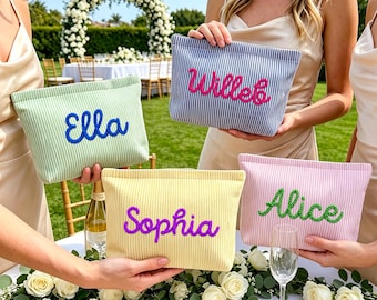 Custom Seersucker Makeup Bag: Personalized Chenille Name Travel Pouch
