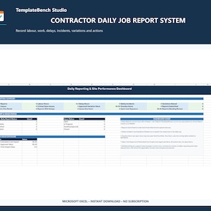 Puede incluir: Una plantilla de hoja de cálculo digital titulada Contractor Daily Job Report System de TemplateBench Studio. La interfaz presenta un panel de control de informes diarios y rendimiento del sitio con secciones para resúmenes de informes.