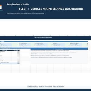 Könnte beinhalten: Eine digitale Flotten- und Fahrzeugwartungs-Dashboard-Vorlage für Microsoft Excel. Die Benutzeroberfläche umfasst eine Flottenübersicht, eine Ausgabenverfolgung nach Kategorien und einen Dashboard-Leitfaden mit dunkelblauen Kopfzeilen.