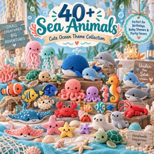 Puede incluir: Una colección de más de 40 animales marinos tejidos a ganchillo, incluyendo una ballena azul, pulpo rosa, cangrejo rojo, tortugas verdes, pez payaso naranja y un delfín gris. Letreros de madera muestran textos como 40+ Sea Animals.