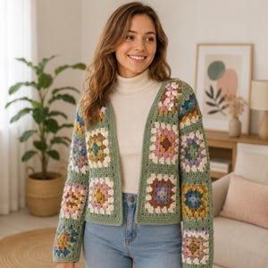 Patrón de cárdigan cuadrado de abuela en PDF, patrón de suéter de ganchillo floral, cárdigan patchwork vintage, chaqueta de ganchillo bohemia, descarga instantánea.