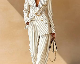 Pinstripe Blazer Pants Set, Gold Chain Button Double Breasted Suit, Two Piece Tailored Suit, Women's Cream Striped Suit Set