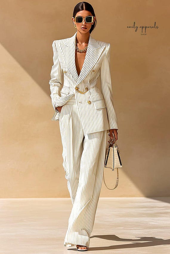 Pinstripe Blazer Pants Set, Gold Chain Button Double Breasted Suit, Two Piece Tailored Suit, Women's Cream Striped Suit Set