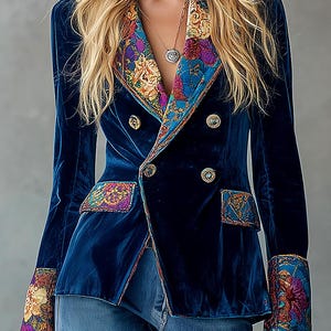 Navy Velvet Blazer, Embroidered Floral Lapel Jacket, Gold Button Double Breasted Coat, Women's Boho Statement Blazer