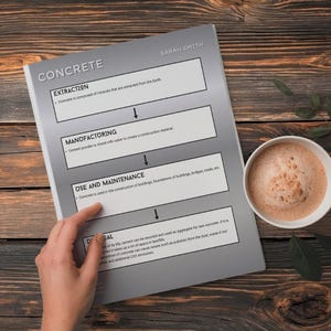 May include: A gray informational document titled CONCRETE by Sarah Smith, featuring a flow chart with four sections: Extraction, Manufacturing, Use and Maintenance, and Disposal, each containing descriptive text and downward-pointing arrows.