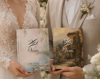 Puede incluir: Dos libros de votos de tapa dura con portadas impresas personalizadas. El libro izquierdo presenta un paisaje pastel con el texto Her Vows, Emily & Daniel, 10.10.2026. El libro derecho muestra una escena de edificio de piedra con His Vows, Emily & Daniel, 10.10.2026.