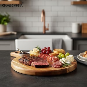 May include: A round wooden serving board featuring sliced medium-rare steak, cured meat, cubes of yellow cheese, green grapes, and toasted bread slices. A small ceramic bowl with dark sauce and a silver spoon sits on the board surface.