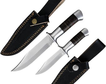2-Piece Hunting Knife Set, Stainless Steel Blade, Leather Grip Handle, Camping Outdoor Collection