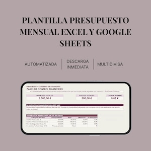 May include: A digital monthly budget template for Excel and Google Sheets displayed on a tablet screen. The interface features a financial control panel with sections for total income, total expenses, savings rate, and a resource distribution table.