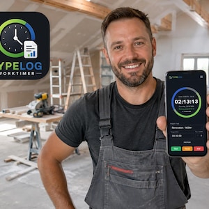 Könnte beinhalten: Ein Smartphone mit der Benutzeroberfläche der TypeLog Worktimer App, einem kreisförmigen Timer mit der Anzeige 02:13:13, Projektdetails für Renovation - Müller sowie grünen, gelben und roten Steuertasten und dem TypeLog Worktimer Logo.