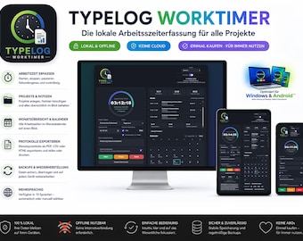 TYPELOG Worktimer | Work and Project Time Tracker | Offline HTML Time Tracking | Windows and Android | No Cloud or Subscription |