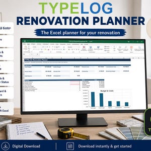 Könnte beinhalten: Ein Computermonitor zeigt die Excel-Tabelle TYPELOG Renovation Planner. Der Bildschirm zeigt Budget-, Kosten- und Projektdaten. Ein gelbes Maßband, ein Notizbuch und Farbmuster liegen auf dem Schreibtisch vor dem Monitor.