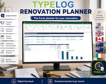 Renovation Planner Excel English | Home Build Remodeling | Budget, Costs, Quotes, Invoices, Tasks, Materials for Houseowners, Self-Builders