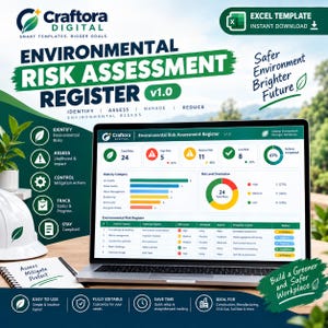 May include: A digital Environmental Risk Assessment Register Excel template displayed on a laptop screen. The dashboard features charts, risk level distribution, and a data table for tracking environmental risks, mitigation actions, and status.