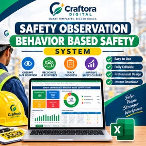 May include: A digital safety observation and behavior-based safety system template displayed on a laptop screen. The interface features colorful charts, data tables, and icons for tracking workplace safety metrics, alongside a yellow hard hat.