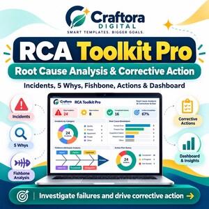 Peut inclure: Un tableau de bord numérique RCA Toolkit Pro affiché sur un écran d'ordinateur portable, présentant des outils d'analyse des causes profondes et d'actions correctives, incluant des incidents, 5 Pourquoi, diagrammes en arête de poisson et graphiques.