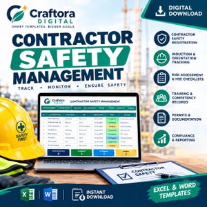 Puede incluir: Una descarga digital para la gestión de seguridad de contratistas con un portátil que muestra una hoja de cálculo, un casco de seguridad amarillo y un portapapeles. El texto incluye Contractor Safety Management y Excel & Word Templates.