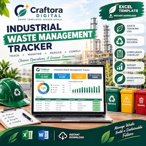 Könnte beinhalten: Eine Excel-Vorlage zur industriellen Abfallwirtschaft auf einem Laptop-Bildschirm mit Datencharts, Abfallprotokoll und Compliance-Metriken. Enthält einen grünen Schutzhelm, einen Notizblock mit Stift und drei farbige Abfallbehälter für Recycling, Gefahrgut und Restmüll.